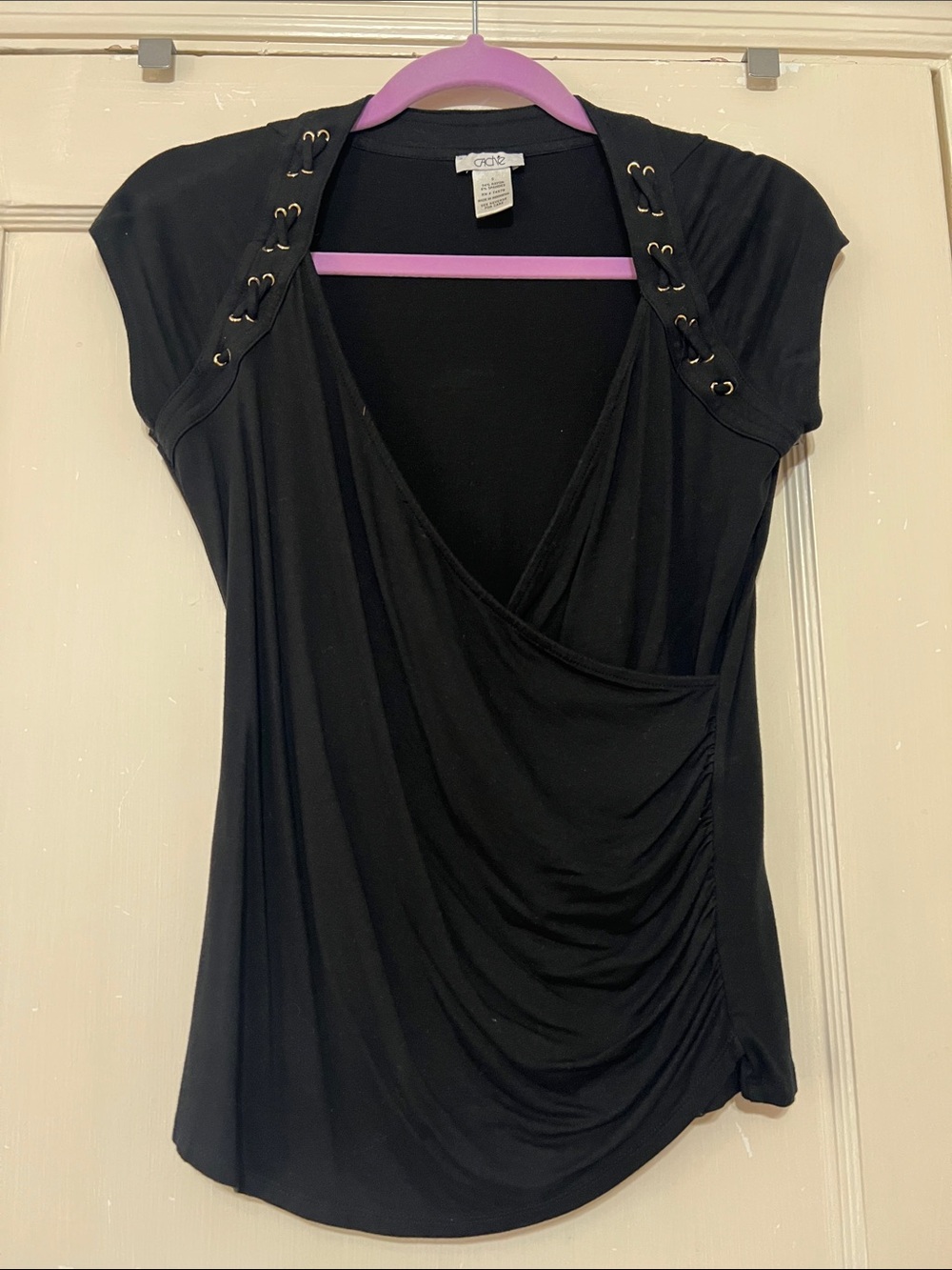 Vintage Cache Black cap-Sleeve stretch Top with gold Eyelet Detail